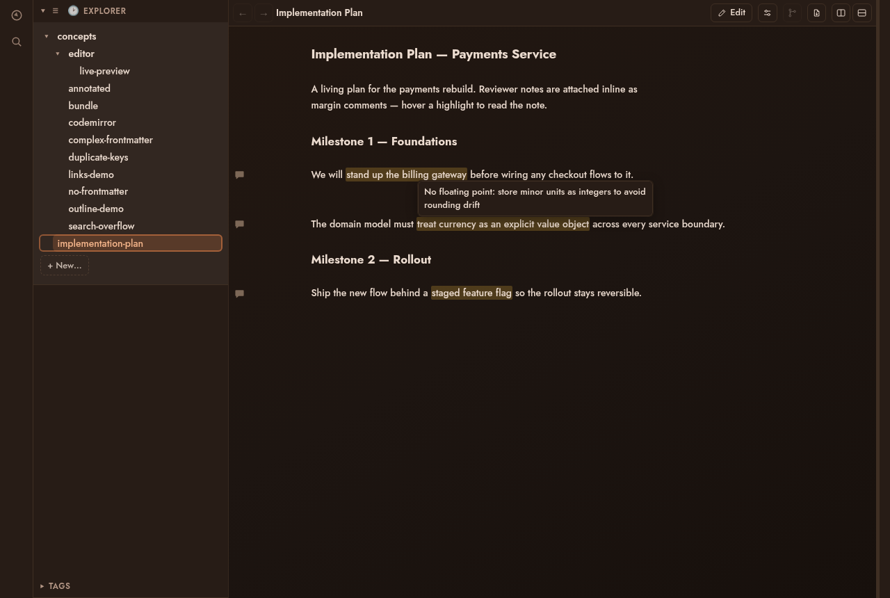 Margin comments on an implementation plan in dark mode