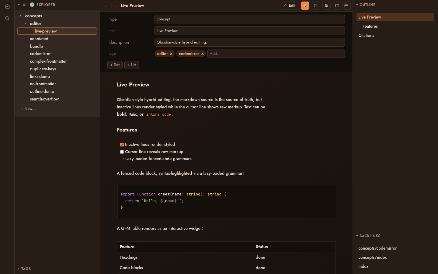 Sunstone in dark mode editing a concept