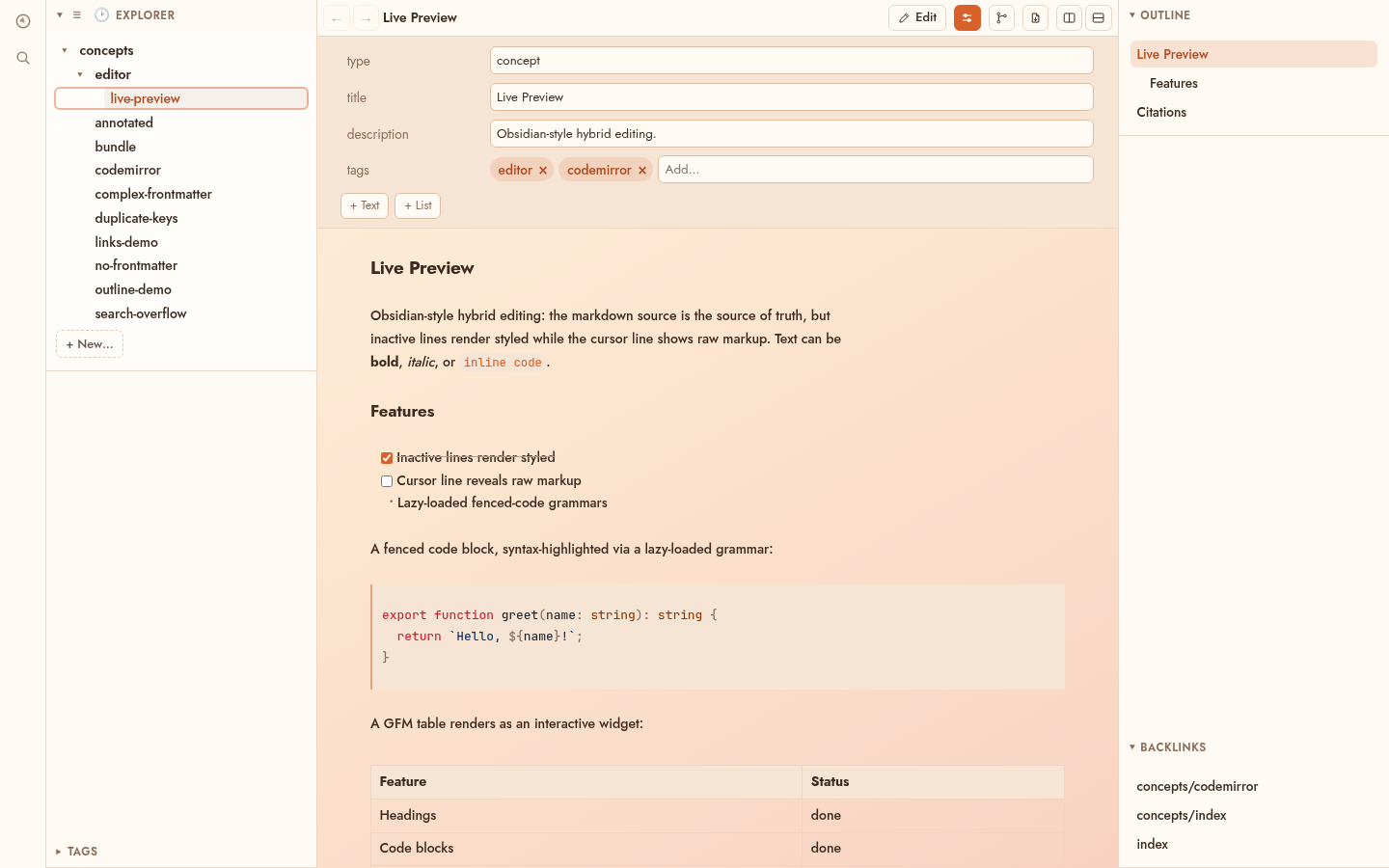 Sunstone editing a concept — Explorer, Properties, live preview, Outline, Backlinks and Tag browser